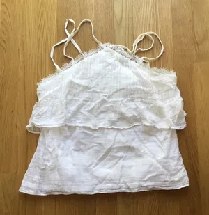 White House | Black Market White Tiered Pleat front Racerback design Eyelash Lace Trim cami in sm thumbnail 1