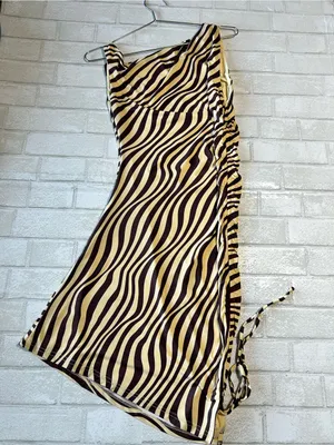 White Fox One-Shoulder Zebra Stripe Mini Dress in Cream and Brown thumbnail 3