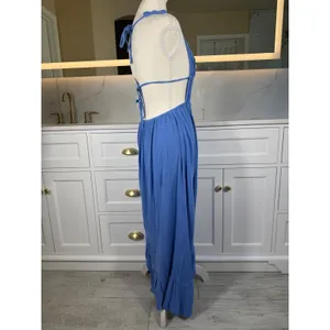 Blue Maxi Dress Womens XS Open Back Smocked Tie Ruffle Hem Boho Vacation Resort thumbnail 8