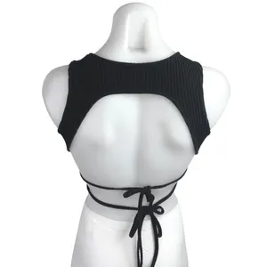 White Fox Women's Black Rib Knit Sleeveless Backless Tie Back Crop Tank Top Sz S thumbnail 2