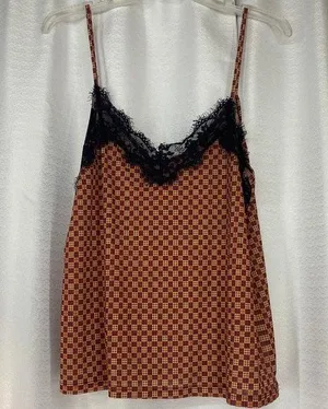 Zara Tank red gold check pattern black lace Spaghetti Tank women sz L thumbnail 1