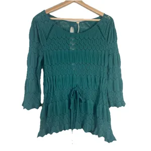 Free People Fire Island Blouse‎ Crochet Top 3/4 Sleeve Knit Green size M Boho thumbnail 3
