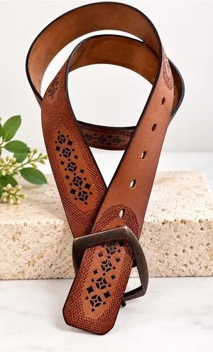 Fossil Brown Leather Laser Cut Out Belt Medium BT3959231 thumbnail 1