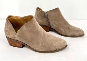 Lucky Brand Fenley Taupe Suede Side Zip Stacked Block Heel Ankle Booties 8M thumbnail 1