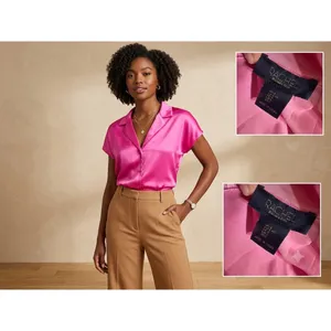 Rachel Rachel Roy‎ Hot Pink Satin Button Down Short Sleeve Blouse Large Fuchsia thumbnail 2