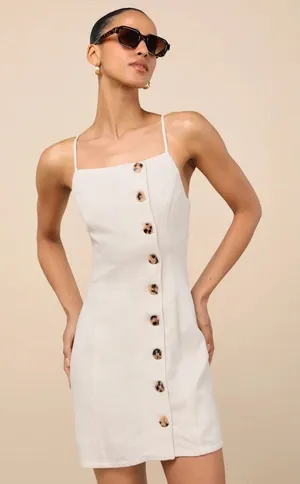 NWT Lulus Chic Objective Light Beige Button-Front Mini Dress Linen Neutral Sz XS thumbnail 1