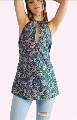 Free People Lyla Floral Halter Tunic Blouse Size Large‎ Women's Green Balsam thumbnail 1