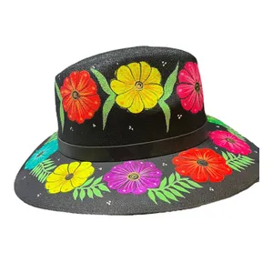 HAT MEXICAN Artisanal Hand Painted Fedora Floral Sombrero Panama Bohemian Black thumbnail 3