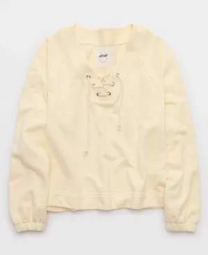 Aerie Lace Up Sweatshirt in Natural Yellow - Small thumbnail 4