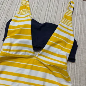 Aerie Yellow and Navy Stripe Layered One Piece Full Coverage Swimsuit thumbnail 4