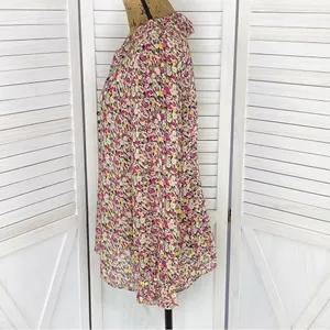 Loft Ann Taylor Ruffle Trim Tie Neck Floral‎ Chiffon Blouse Large Beige Pink thumbnail 2