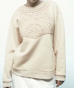 Zara Womens‎ Cream Embroidered Bib Sweatshirt Long Sleeve Crew Neck Small thumbnail 1