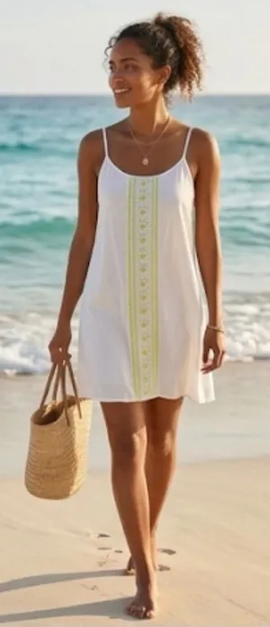 Silky Embroidered Boho Slip Dress Size M Coastal Lime Geometric Mini Size Medium thumbnail 1