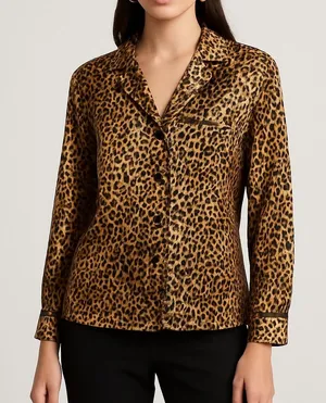 Private‎ Luxuries Satin Leopard Blouse Womens M Button Down Pajama Style Top thumbnail 1
