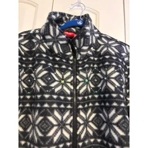 Womens XL Fleece Jacket Black‎ White Snowflake Zip Up Rhinestone Sparkle thumbnail 2