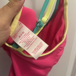No Boundaries Pink One-Piece High Leg Swimsuit Yellow and Green Straps Size M thumbnail 7