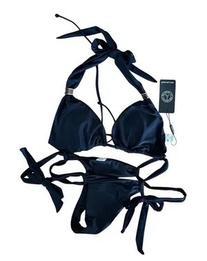 Relleciga Black Triangle Halter Bikini Set Gold Ring Hardware Side Tie Two Piece thumbnail 1