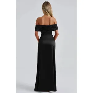 Black Off The Shoulder Ruched Maxi Dress High Slit Formal Gown Small thumbnail 4