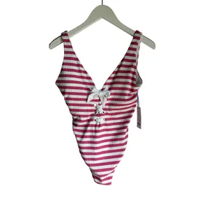 Southern Tide Very Berry Pink Stripe Lace Front One Piece Swimsuit M NWT thumbnail 3