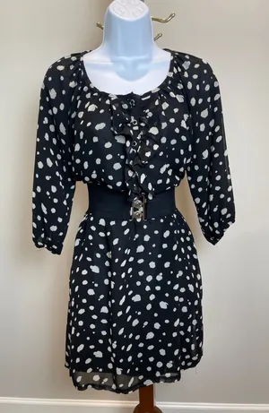 Francesca’s Collection Black White Polka Dot Chiffon Blouson Dress Sz L Ruffle thumbnail 1