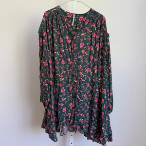Free People Floral Mini Babydoll Dress Button Front Long Sleeve Green Pink M‎ thumbnail 3