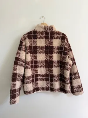 OFFLINE by Aerie Plaid Sherpa Fleece Quarter Zip Pullover Sweater Size Large Tan thumbnail 6