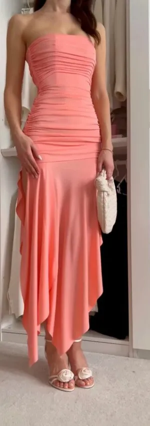 HOUSE OF CB Ivana Gathered Asymmetric Dress in Apricot Size Medium thumbnail 1