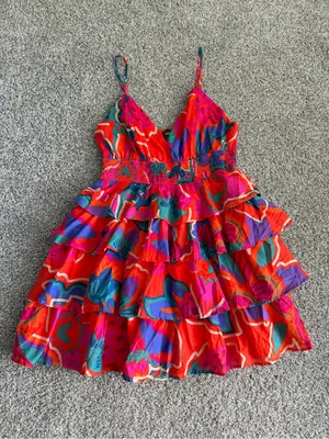 Sugar Lips Kahlia Tropics Mavey Poplin Gauze Sweetheart Neck Sleeveless Tiered Ruffle Mini thumbnail 3