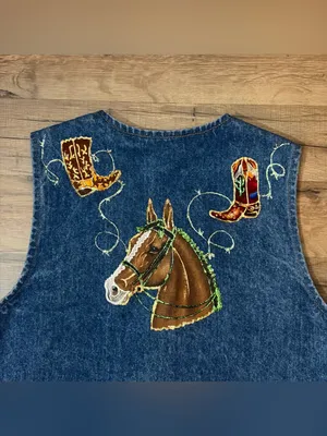 Vintage 90s Unbranded Western Embroidered horse Denim Vest cowboy One of a Kind! thumbnail 7
