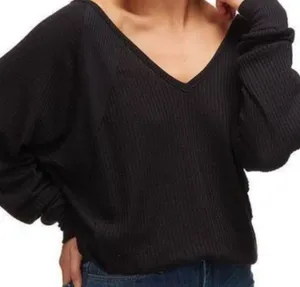 Free People Womens Santa Clara Thermal Black Long Sleeve Pullover Size Medium thumbnail 1