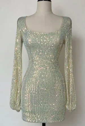 Emerald Sundae Pale Green Sequin Long-Sleeve Mini Dress thumbnail 1