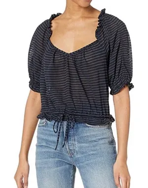 Free People Dorothy Cropped Top Peasant Style Black Blue Navy Stripe Size XS thumbnail 1
