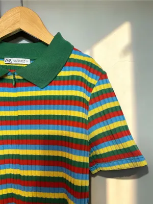 ZARA Multi-Colored Striped Ribbed Knit Polo Zip-Up Shirt Size M thumbnail 4