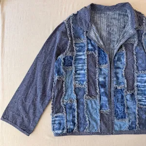 Handmade Patchwork Jacket Women L Blue Quilted Rag Style Artisan Boho Chore Coat thumbnail 5