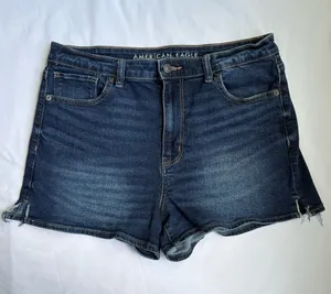 American Eagle Mom Short Size 12 High Rise Blue Stretch Denim Frayed Hem Shorts thumbnail 1