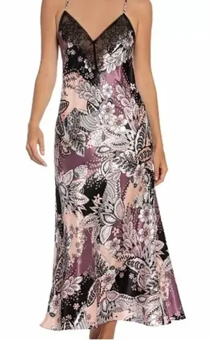 Linea Donatella Floral Paisley Lace‎ Trim Chemise Slip Dress M Purple Pink Satin thumbnail 1