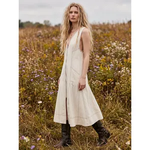 Free People Santino Denim Zip Front Midi Dress in Ecru Medium Minimalist thumbnail 7