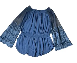 Sundance Womens Cottagecore Embroidered Mesh Bell Sleeve Smocked Peplum Blouse L thumbnail 1