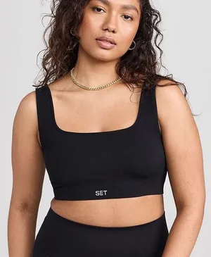 SET ACTIVE SculptFlex Box Cut Ribbed Sports Bra in Onyx Black Sz Medium thumbnail 1