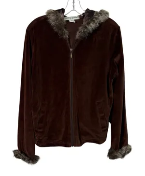 Boston Traders Vintage Y2K Fur Trim Brown Velvet Velour Full Zip Track Jacket M thumbnail 1
