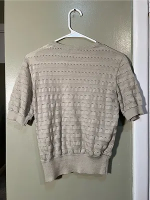 Women's Crewneck Short Sleeve Sweater Beige Pointelle Striped‎ Knit Ribbed Hem thumbnail 6