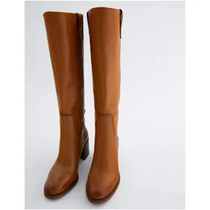 Zara Leather Knee High Block Heel Pull On Boots thumbnail 11
