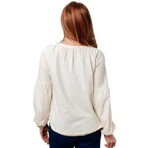 Women’s Boho Embroidered Popover Split Neck Cream Long Sleeve Top thumbnail 3