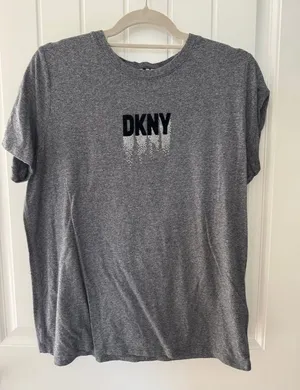 DKNY Heather Gray Logo Tee with Rhinestone Drip thumbnail 1