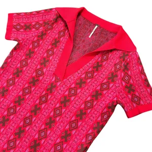 Free People Pink Red Geometric Knit Sweater Polo V-Neck Short Sleeve 70s Boho thumbnail 1