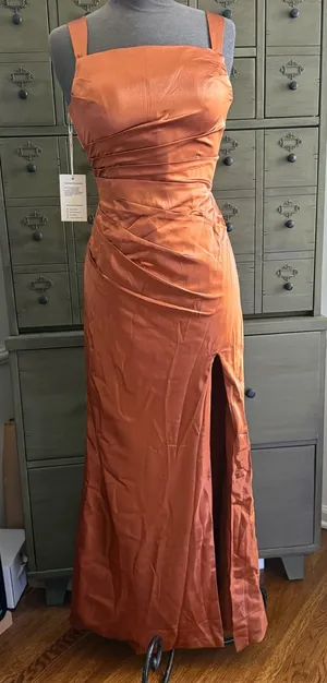 Amazon Elegant Copper Satin Bridesmaid Dress with Thigh Slit thumbnail 1
