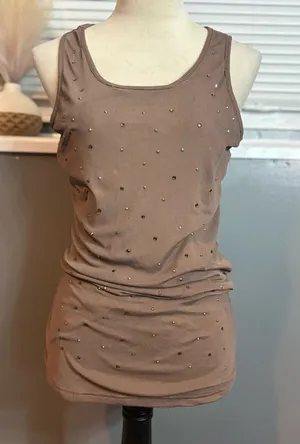 Brown Rhinestone Ruched Mesh Back Tank Top Size Large – Y2K Going Out thumbnail 1