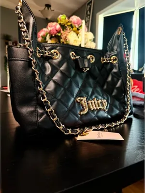 Juicy Couture Black Quilted Shoulder Tote Gold Chain Logo Purse NWT thumbnail 8