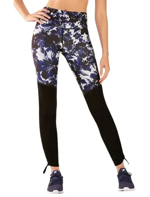 Fabletics XL Leggings High Waisted Blue Floral Print‎ Black Contrast Ruched 1036 thumbnail 1
