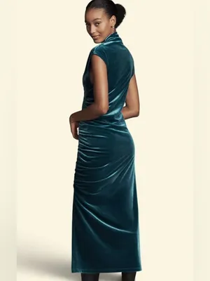 ANTHROPOLOGIE The Maya Stretch Velvet Cowl-Neck Em Teal Velvet Ruched Dress S XL thumbnail 3